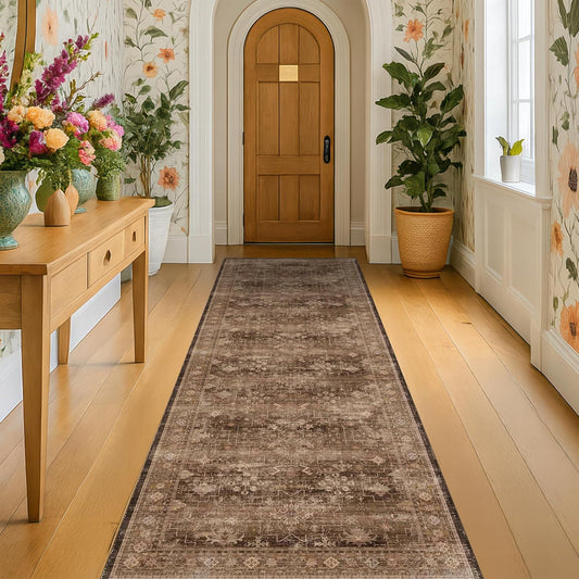 Skiennix Brown Boho Runner Rug - Washable 2x7, Non-Slip, Stain Resistant, Soft Faux Wool for Hallway & Kitchen