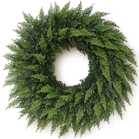 24" Real Touch Cedar Wreath for Front Door, Artificial Christmas Wreaths Faux Cedar Green Fake Pine Needles Wreath for Front Door Wall Windows Indoor Outdoor Christmas Decor
