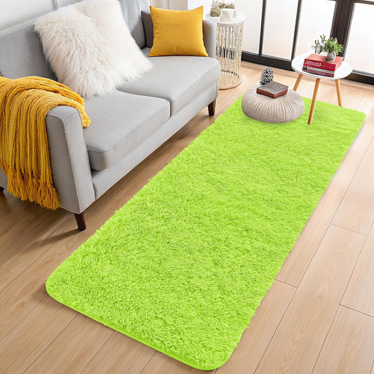 OLANLY 2x5 Machine Washable Runner Rug - Soft Fluffy Shaggy Design for Bedroom & Hallway | Lime Green Home Decor