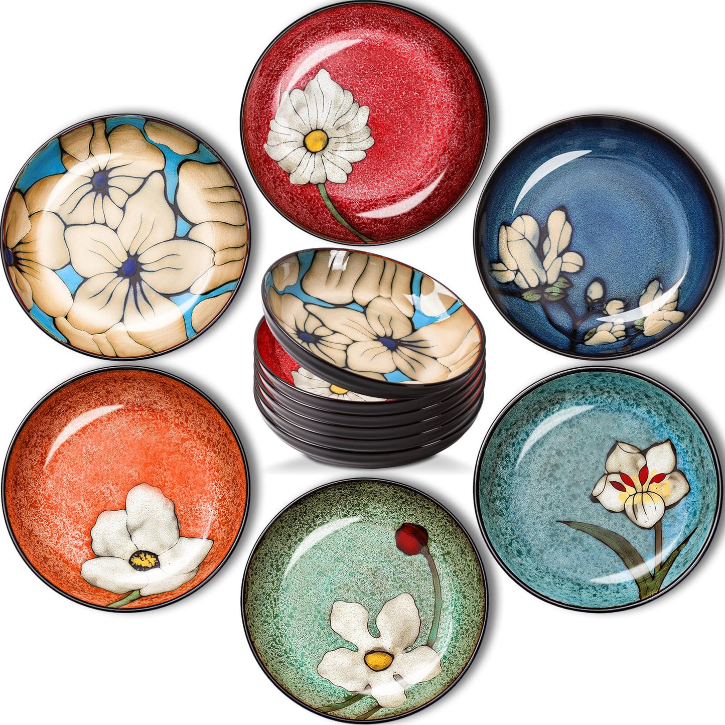 Maxdot Ceramic Dinner Plates Set of 6, 8.5 Inch Underglaze Painting Salad Plates, Glazing Process Floral Ceramic Gift Dishes for Steak Salad Pasta Appetizer, Microwave, Oven and Dishwasher Safe