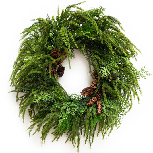 24 Inch Real Touch Norfolk Pine Wreaths for Front Door, Soomeir Artificial Christmas Wreath Green Faux Pine Wreath for Wall Windows Mantle Outdoor Christmas Decoration