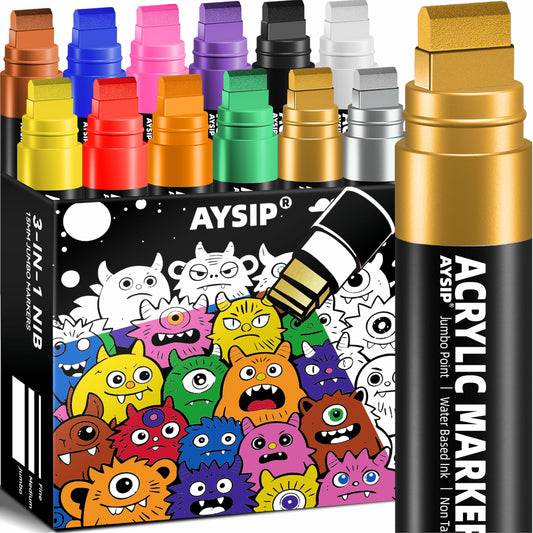 AYSIP 12 Colors Jumbo Markers Set, 15mm Large Wide Tip, Thick Acrylic Paint Markers for Painting, Rock, Window, Glass, Wood, Fabric