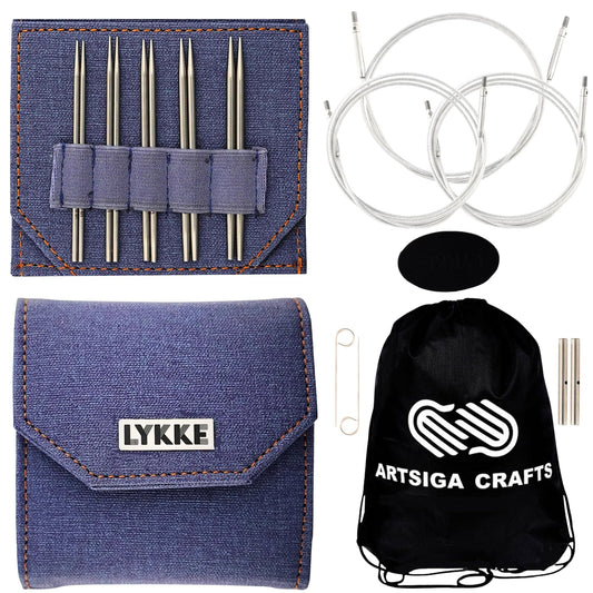 Lykke Flight 3.5 in. Mini Set US Sizes 0, 1, 1.5, 2, 2.5 Interchangeable Circular Knitting Needles for Lace, Fingering, Sock, Baby Yarn, Stainless Steel, 3 Cords, Denim Case, Project Bag