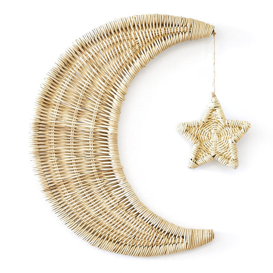 BEBE BASK Handmade Rattan Moon Wall Decor with Star - 100% Natural Organic Rattan Moon Decor for The Boho Nursery Decor - Moon and Stars Nursery Décor