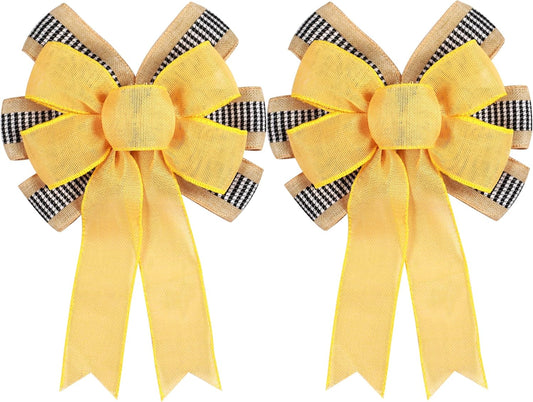 Skiennix Decorative Bow | 2 PCS Spring Summer Wreath Decor with Yellow Burlap & Black Stripe Ribbon