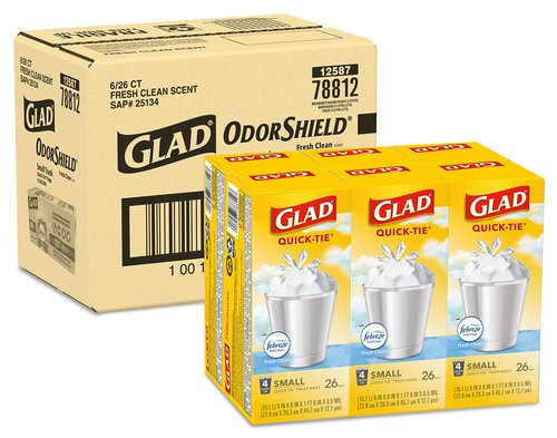 Glad Trash Bags, Small Garbage Bags - OdorShield 4 Gallon White Trash Bag, Gain Fresh Scent with Febreze - 26 Count (Pack of 6)