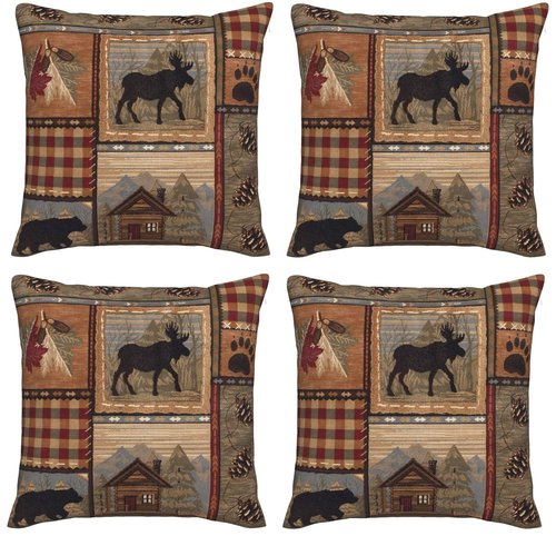 DATANSEN Set of 4 Square 18x18 inch Retro Brown Throw Pillow Covers Rustic Lodge Bear Moose Decorative Throw Pillowcase for Home Sofa Thick Cotton Linen Cushion Cases (45x45 cm) Paw Prints Cabin