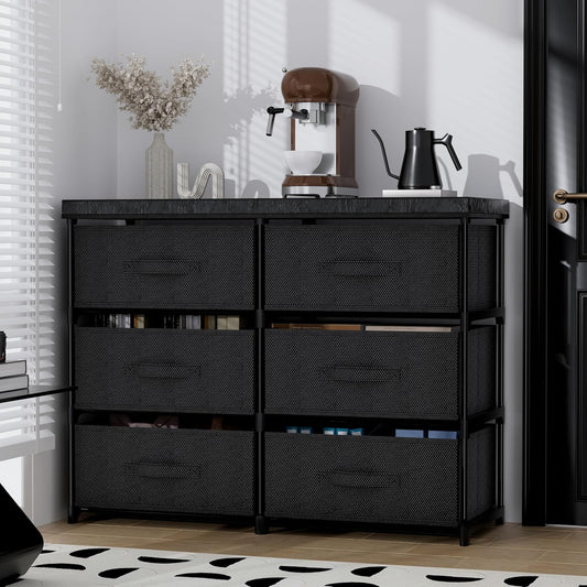 PPN Dresser - 6 Fabric Drawer Storage Cabinet for Living Room & Bedroom - Sturdy Metal Frame, Black