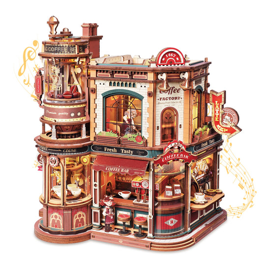 ROKR Moving Dream Coffee Factory DIY Miniature House Kit - 3D Wooden Puzzles for Adults with Music Box & LED Lights, No Glue Kinetic Model Building Kit, Unique Home Decor Gifts for Adults Women Men