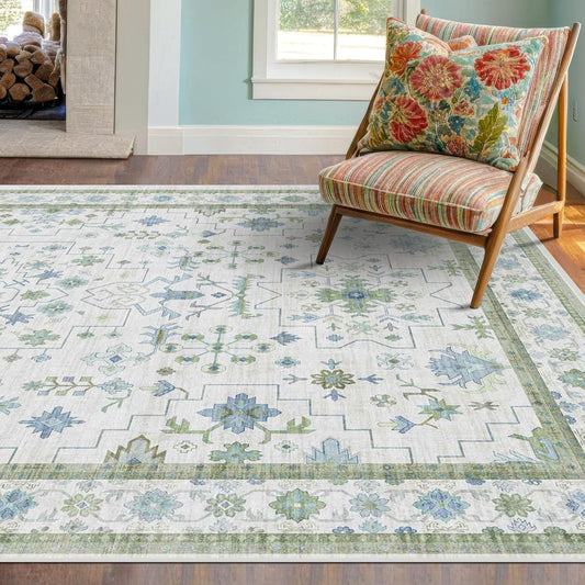 Oushak 4x6 Boho Pastel Rug - Low Pile, Non-Slip, Stain Resistant Throw for Living Room, Kitchen & Entryway
