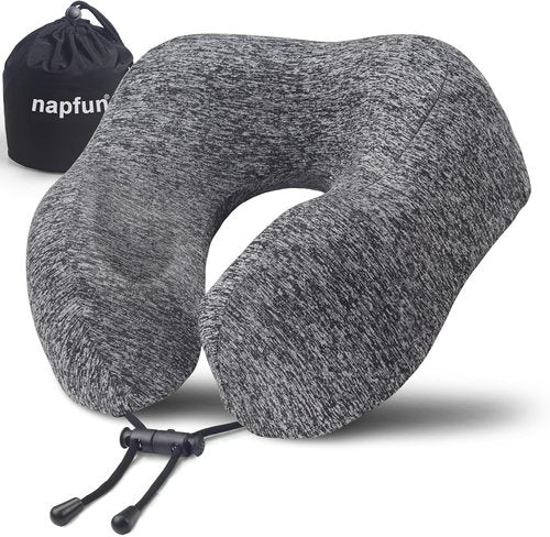 Napfun Travel Neck Pillow - Upgraded 100% Pure Memory Foam for Airplane Comfort | Portable Grey Headrest
