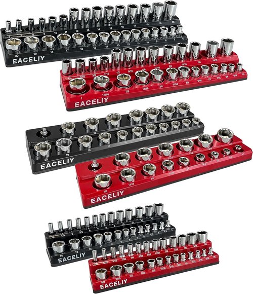 EACELIY Magnetic Socket Organizer Set - 6-Piece Holder for 1/2", 1/4", 3/8" SAE & Metric Sockets | Attaches to Tool Cart