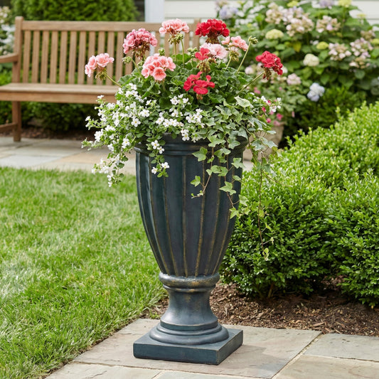 Christopher Knight Home 26.77 Inch Tall Fluted Pedestal Urn Planter MGO Outdoor Flower Pot Faux Stone Garden Planter for Patio Porch Entryway Decor, Antique Green