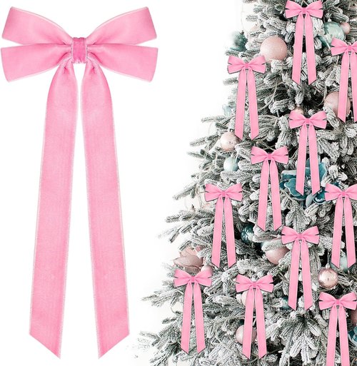 MUKOSEL Pink Velvet Bows - 12Pcs 5in X 10in Christmas Tree Decorations | Vintage Holiday Ornaments