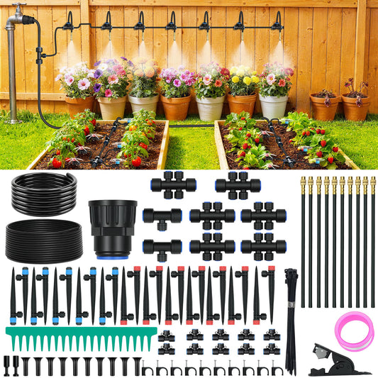 230FT Drip Irrigation Kit with Quick Connect PE Tubing, Automatic Garden Watering Sprinkler System, 2026 Upgraded Water-Saving Design with 3 Adjustable Misting Emitters, Greenhouse & Raised Bed