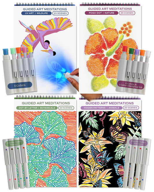 Lifelines FlowArt Activity Pads, 4-Pack - Guided Art Meditations with 4 Sets of Markers & 80 Scenes - Color by Letter, Dot-Art and More, Coloring Books for Tweens, Adults & Seniors - Patent-Pending