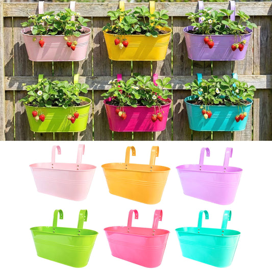 LaLaGreen Rail Planter Outdoor Plants (6 Pack, 11.8 Inch) Colorful Metal Iron Strawberry Hanging Flower Pots Deck Railing Fence Buckets Modern Wall Mount Window Box Plant Holder Hooks Porch Home Decor