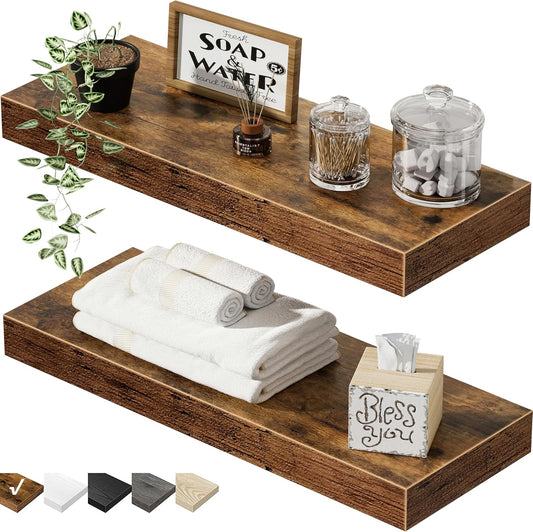 QEEIG Floating Bathroom Shelves - Rustic Brown Wall-Mounted Shelf Set of 2 | 15.7" x 6.7" for Home Decor