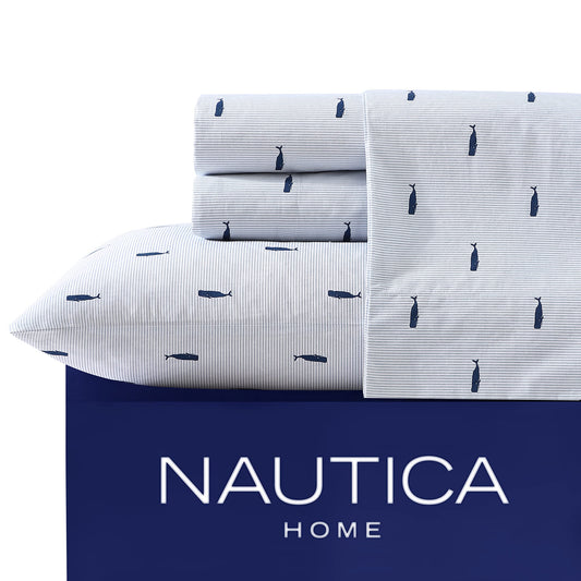 Nautica - Twin XL Size Sheet Set, Crisp Cotton Percale Bedding with Matching Pillowcase, Fully Elastic Fitted Sheet, Deep Pocket, Nautical Room Decor, Breathable All-Season Comfort (Whale Stripe Blue)