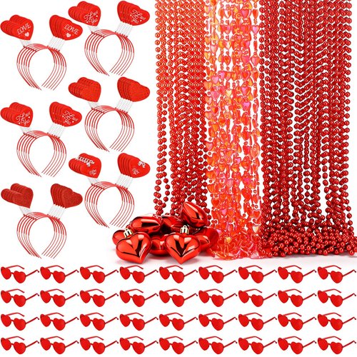 Kanayu 108 Pcs Valentines Day Accessories 36 Valentines Heart Headbands 36 Heart Shaped Sunglasses 36 Bead Necklaces for Valentine Party Favors Supplies Bachelorette Decorations(Red)