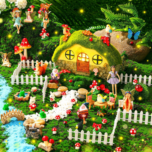 Suzile 50 Pcs Solar Fairy House Garden Accessories Light up Flocked Fairy House Garden Kit Green Resin Miniature Mushroom Figures Micro Landscape Ornament(Stone House)