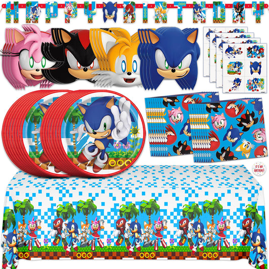 Sonic Birthday Party Decorations | Serves 16 Guests | Masks, Tattoos, Banner, Tablecloth, Plates, Napkins, Sticker | Officially Licensed