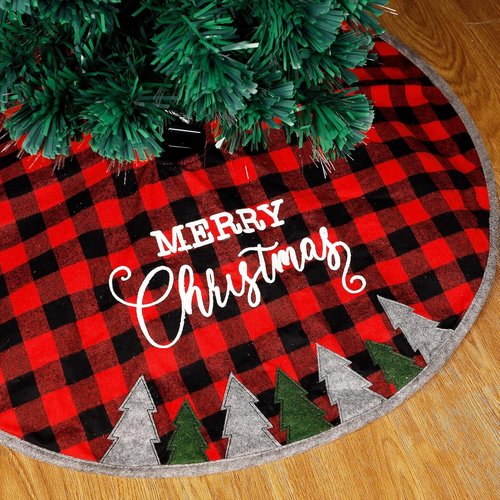 Juegoal 32-Inch Christmas Tree Skirt - Soft Red and Black Plaid Mat for Festive Holiday Decor