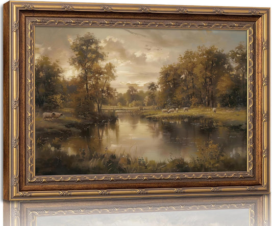 Vintage Gold Framed Landscape Wall Art - River Painting Canvas Print for Living Room & Bedroom Decor