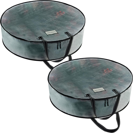 VENO Wreath Storage Container - 24 Inch Heavy-Duty Clear Bag with Wall Hanging Handles | 2 Pack