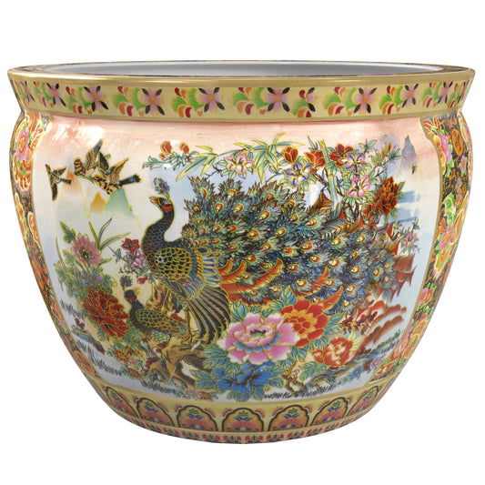 Red Lantern 14" Satsuma Garden & Peacock Porcelain Fishbowl Planter