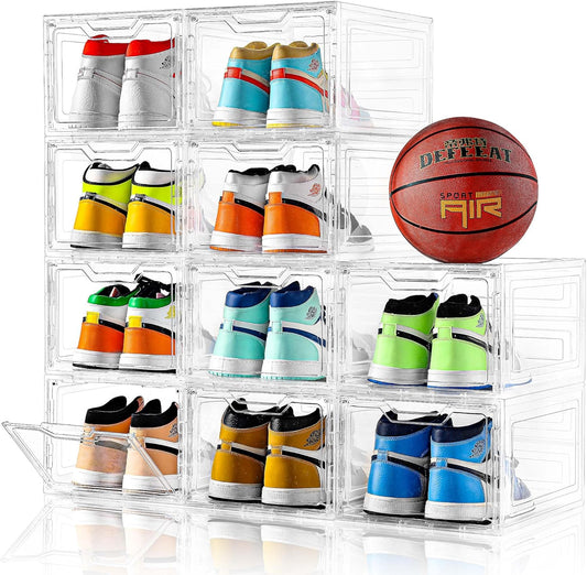Skiennix Large Clear Shoe Boxes - Stackable Shoe Storage Organizer with Lids | Fits US Size 13