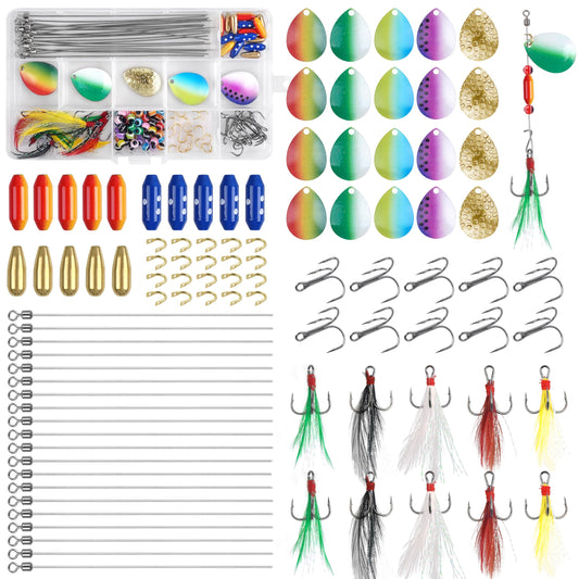 195pcs Spinner Making Kit Fishing Lure Making Kit Spinnerbaits Spinner Blade Clevis Feather Treble Hooks DIY Make Your Own Lure Set for Bass Trout Walleye Lures Fishing Gifts