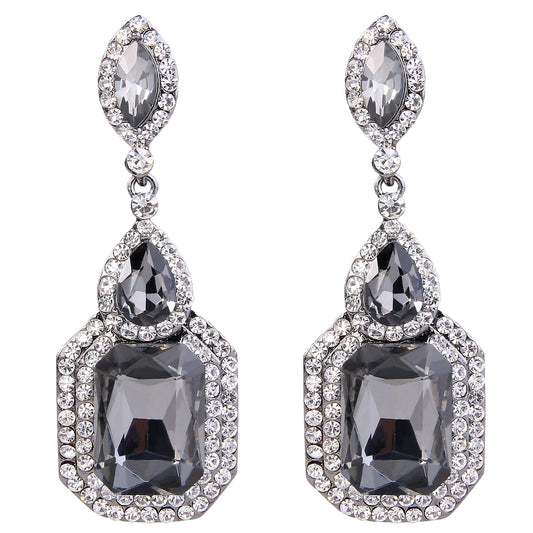 BriLove Wedding Bridal Dangle Earrings for Women Emerald Cut Crystal Infinity Figure 8 Chandelier Jewelry Grey Black-Silver-Tone