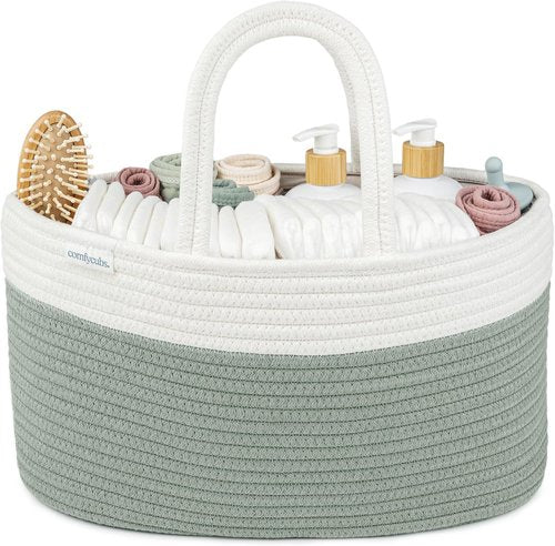 Comfy Cubs Diaper Caddy Organizer - Stylish Cotton Baby Basket with 3 Spacious Compartments | 8.5" x 15" x 8" - Sage