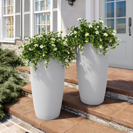 Vigo huseeo 22" Tall Planter Set of 2, Large Self Watering Pots for Indoor/Outdoor Plants with Drain Holes, Water Level Monitor, Inner Bucket for Front Porch Patio, White Rattan Conical