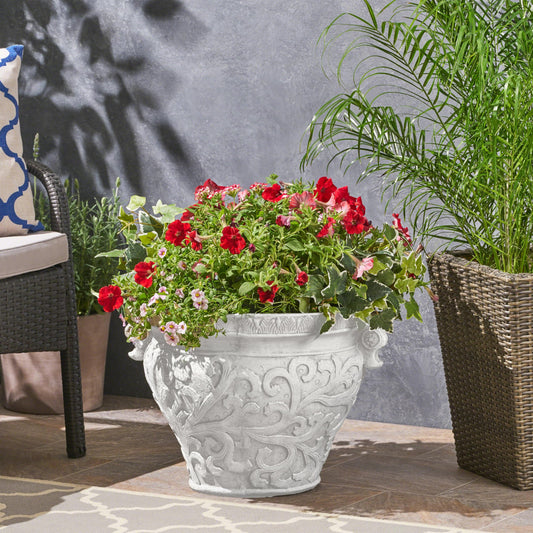 Christopher Knight Home Armis Round Concrete Planter, Indoor Outdoor Garden Plant Pot with Drainage Hole, Floral Relif Patio Urn Planter for Front Porch/Backyard, Outdoor Planter Box, Antique White