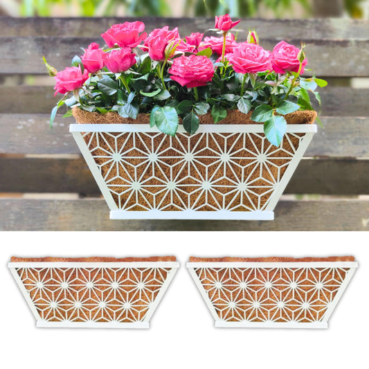 LaLaGreen Window Boxes Planter (2 Pack, 12 Inch) White Metal Rectangular Wall Planters with Coco Liner, Horse Trough Deck Railing for Outdoor Plants Holder, Modern Rail, Balcony, Fence, Porch Patio