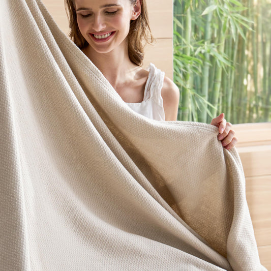Bedsure GentleSoft 100% Cotton Blanket Queen Size for Bed - Breathable and Lightweight, Soft Cozy Textured Herringbone Woven Blanket for Summer Spring, Home Room Decor, Linen Beige, 90x90 inches