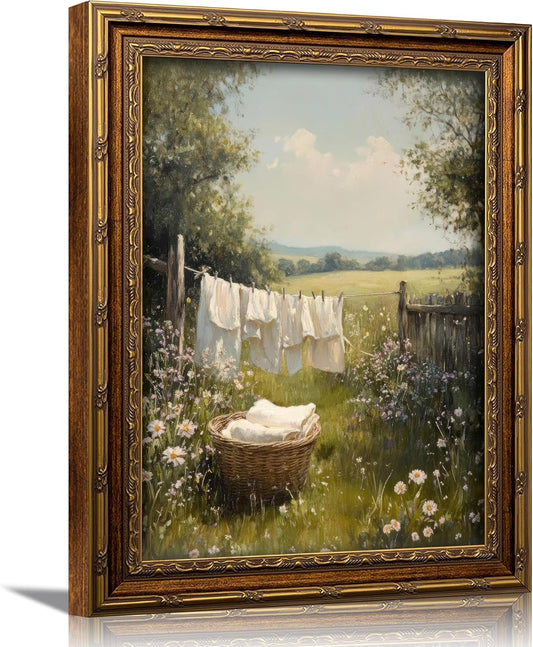 Regine Switzerland 3D Textured Canvas Wall Art - Vintage Carved Gold Frame | Retro Cottagecore Landscape Decor for Bathroom & Laundry Room