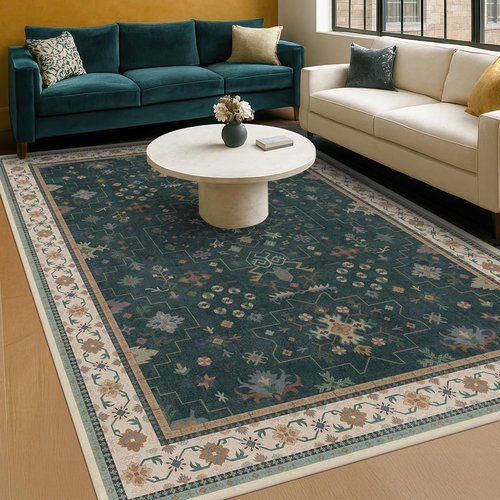 Hazo Haus Vintage Dark Green 6x9 Dining Room Rug - Washable Floral Low Pile Area Rug for Living Room | Non-Slip Design