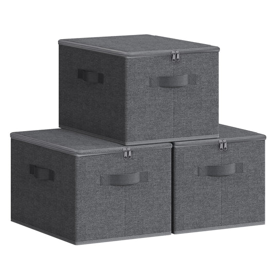 SONGMICS Foldable Storage Organizer Boxes, Set of 3 Storage Basket Bins with Lids, Handles, Clothes Organizer, 15.7 x 11.8 x 9.8 Inches, Non-Woven Fabric, Slate Gray URYZB03G