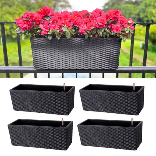 LaLaGreen Deck Railing Planter Box (20 Inch, 4 Pack) Black Rectangular Window Flower Boxes with Bracket, Self Watering System Hanging Planter Box for Outdoor Plant Container Herb Rail Fence Balcony