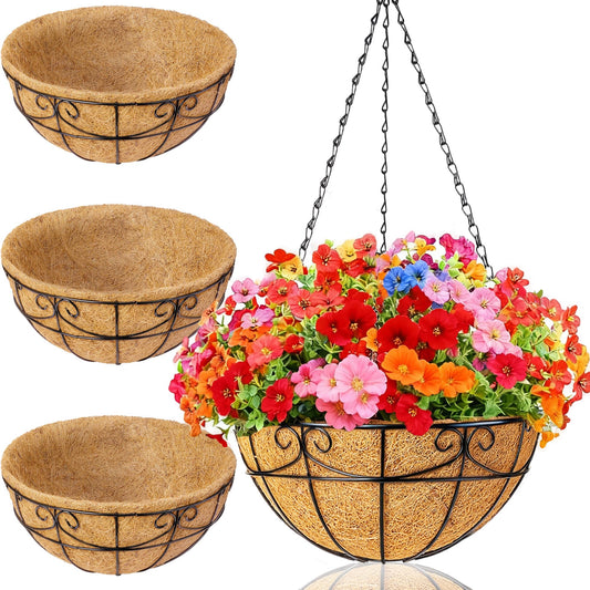 EINYEXW 3 Pack 13.5 Inch Hanging Baskets for Plants Outdoor - Metal Hanging Planters for Outdoor Plants with Coco Liners - Heavy Duty Empty Hanging Flower Pots for Porch Patio Garden