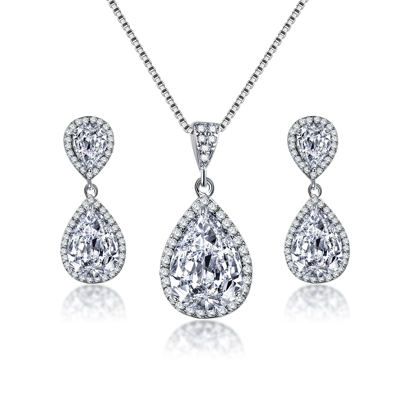 Crystal Jewelry Set for Women - Charming Pear-Shape Sterling Silver Full Teardrop Cubic Zirconia Bridal Pendant Necklace Dangle Earrings Set for Prom Party Wedding Jewelry Set for Bride Bridesmaids