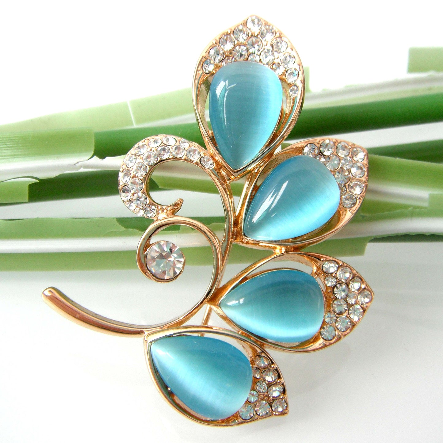Navachi 18k Gold Plated Blue Opal Crystal Branches Leaves Az7856b Brooch Pin