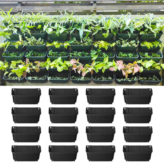Maxona Black Color Vertical Garden Planter - 16 Pack, 13 inch Wall Mounted Planter for Patio Outdoor Decor, Home Plastic Pot Balcony Plant Vegetable Fruit Herb Hanging Pocket Holder Flowerpot