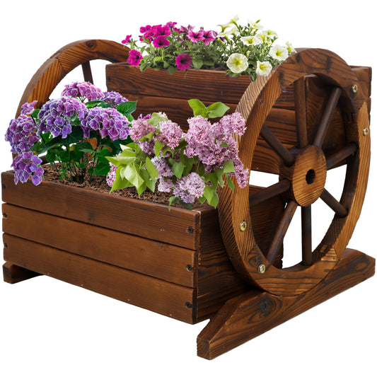 Wooden Wagon Planter Box, Garden Planter with Wheels, Decorative Planter Raised Garden Bed for Flowers Herbs Vegetables, Wooden Flower Cart with Wheels for Indoor Outdoor Home Decor