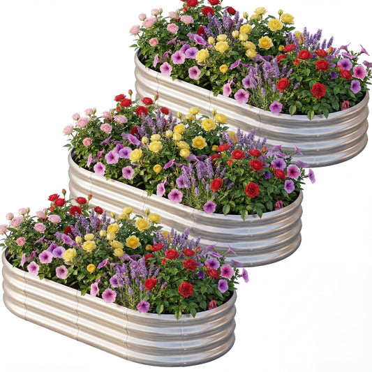 AHEONLAR 3 Pack 6×3×1ft Galvanized Raised Garden Bed, Oval Metal Garden Bed Planter Boxes Outdoor, Durable Raised Garden Beds Outdoor for Vegetables, Flowers, Silver