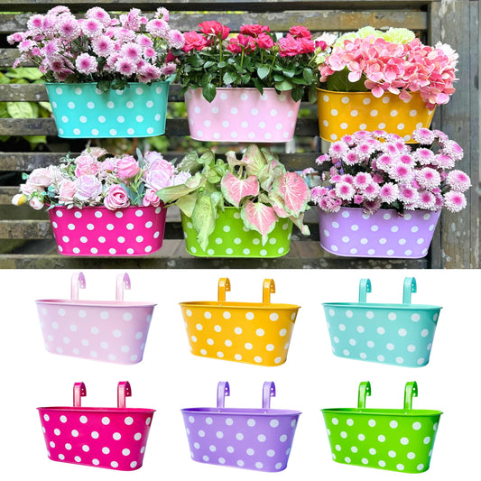 LaLaGreen Rail Planter (17 Inch, 6 Pack) Colorful Polka Dot Hanging Flower Pots Railing Fence Balcony Gardening for Apartment Patio Planters Iron Garden Outdoor Deck Decoration Porch Decor