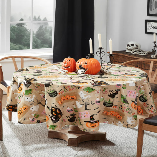 Newbridge Happy Halloween Witches Brew 60 x 84 Inch Oval Vinyl Tablecloth with Flannel Backing, Cute Ghost, Cat and Pumpkin Design, Easy Care Wipe Clean Halloween Table Cover
